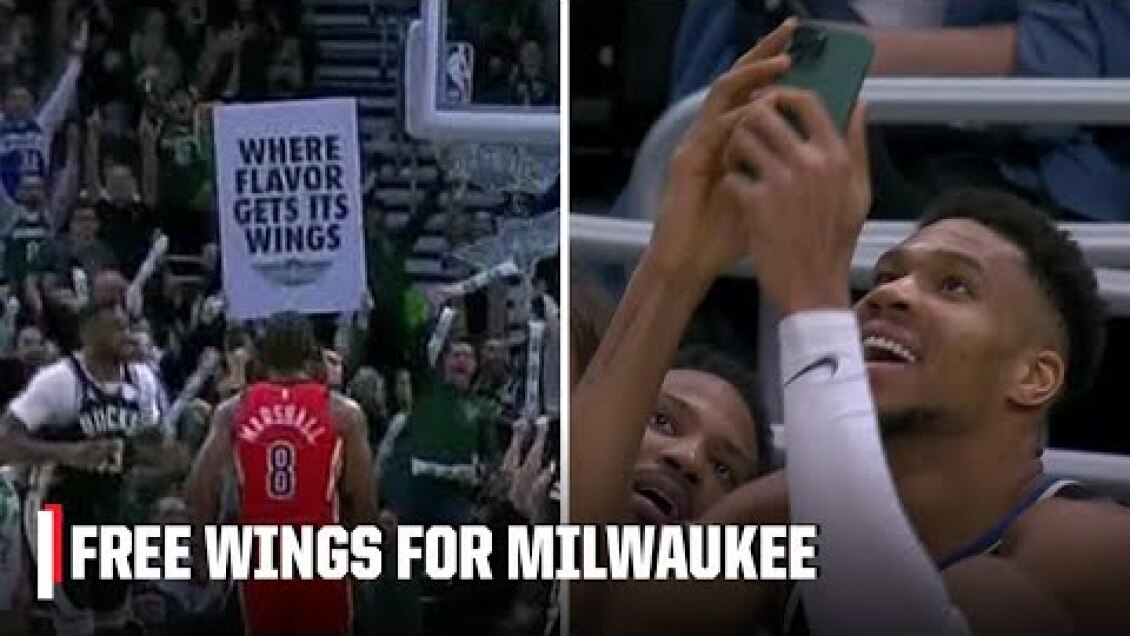 Bucks fans ERUPT over FREE WINGS after missed FTs, Giannis scans the code 🤣 | NBA on ESPN