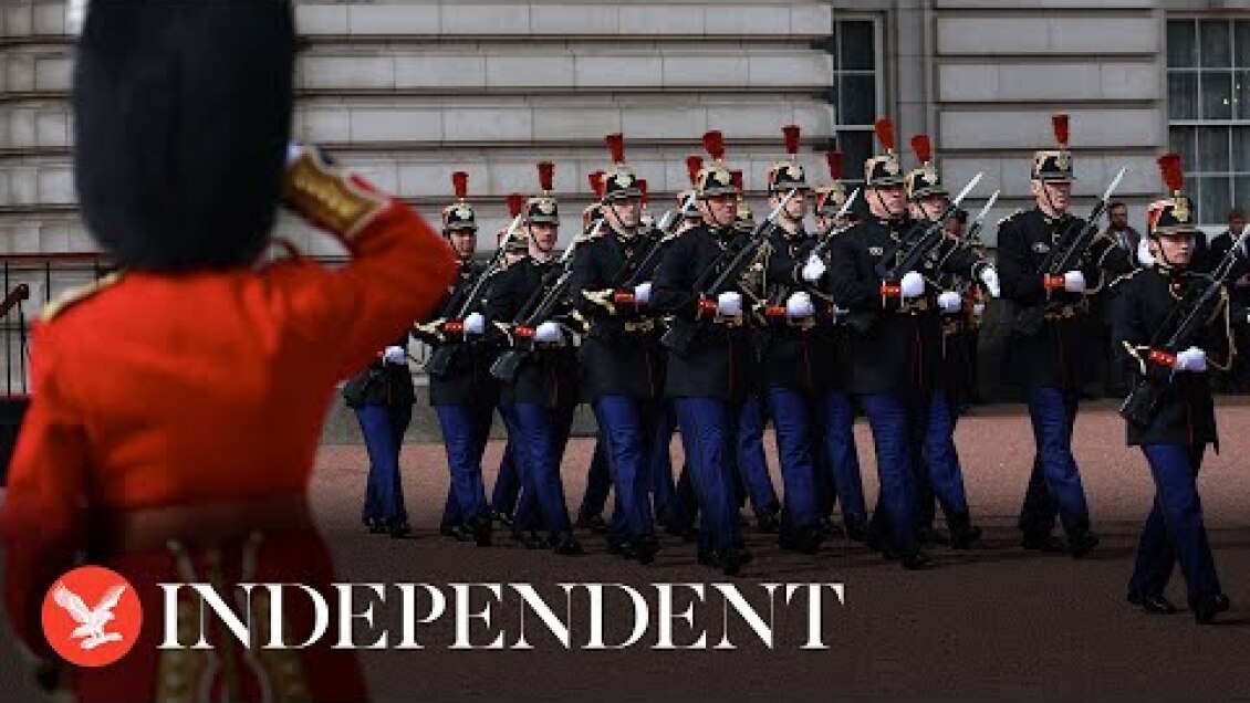 French soldiers take part in Changing the Guard at Buckingham Palace for first time