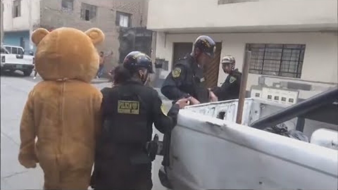 Peru police disguised as a bear makes arrests in Peru